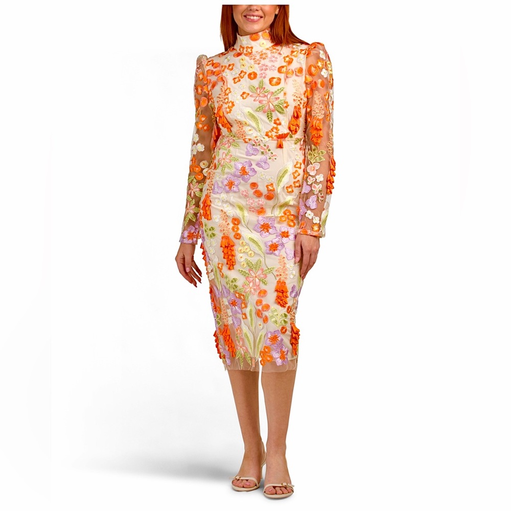 Dalia Orange Pink Sheath Dress with Long Bishop Sleeves sheer NWT. Size …